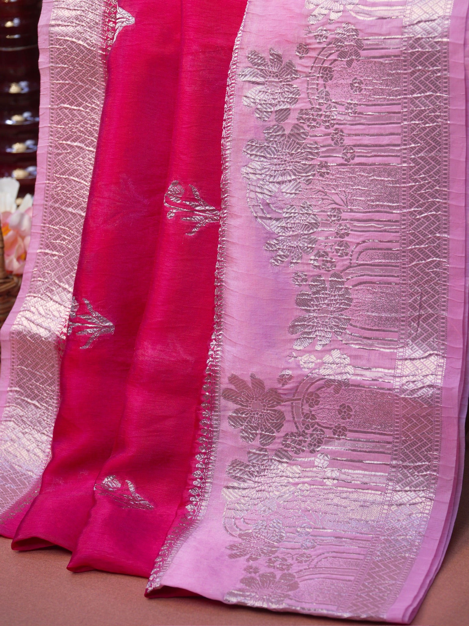 Banarasi Viscose Crush Saree – Pink & Rani Pink