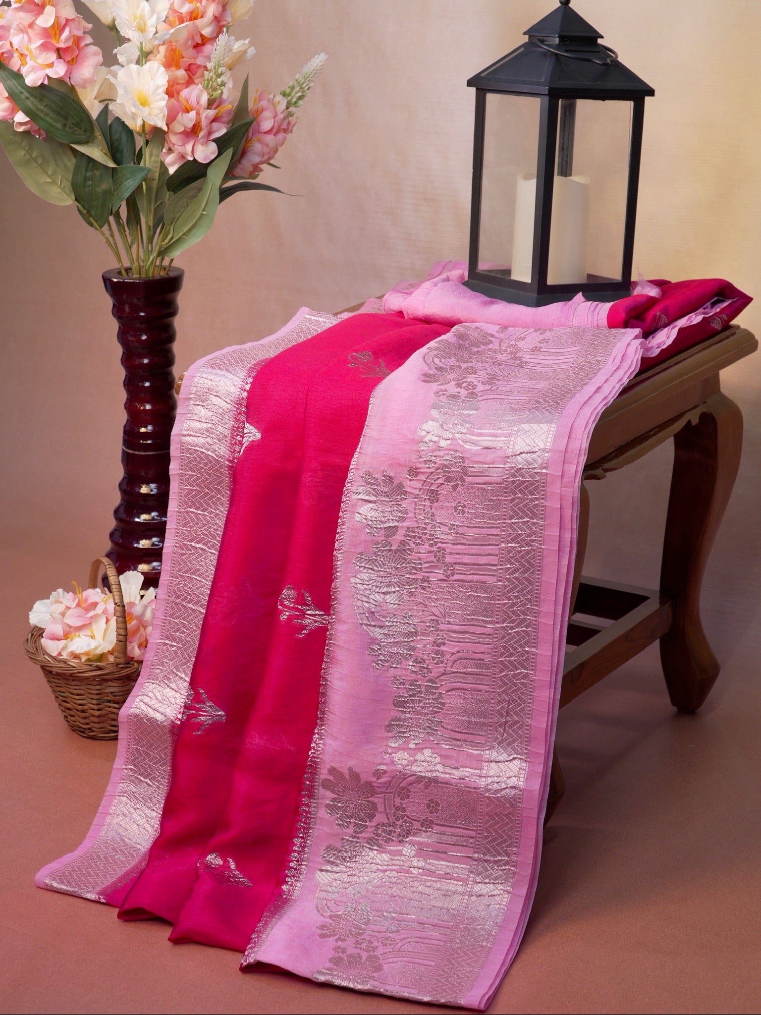 Banarasi Viscose Crush Saree – Pink & Rani Pink