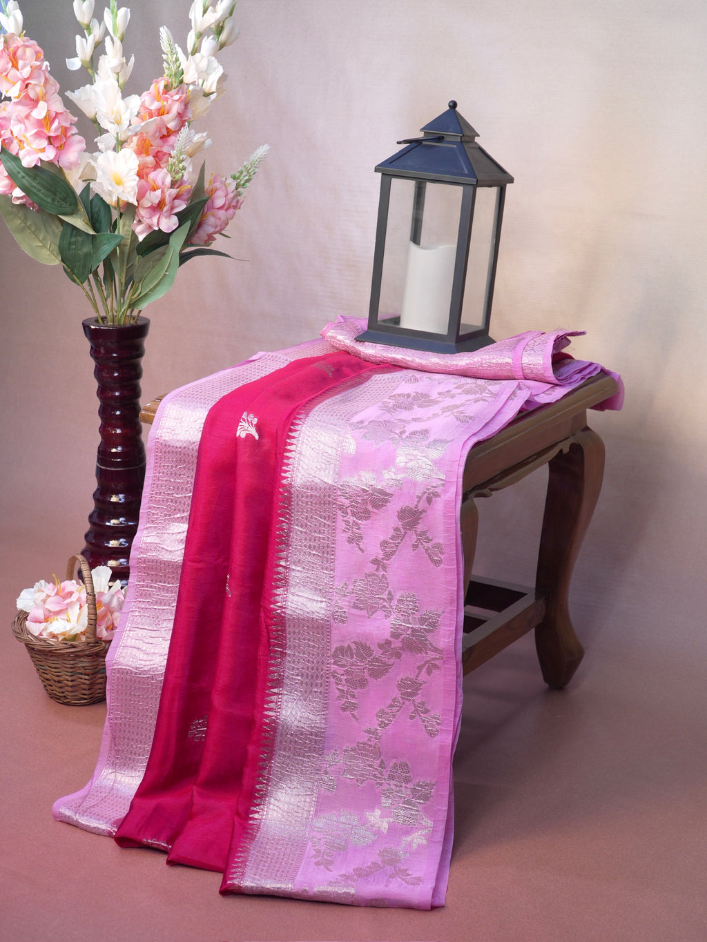 Banarasi Viscose Crush Saree – Rani Pink   Baby Pink