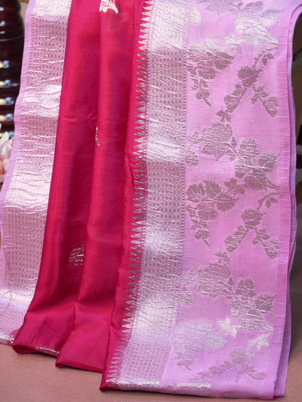Banarasi Viscose Crush Saree – Rani Pink   Baby Pink