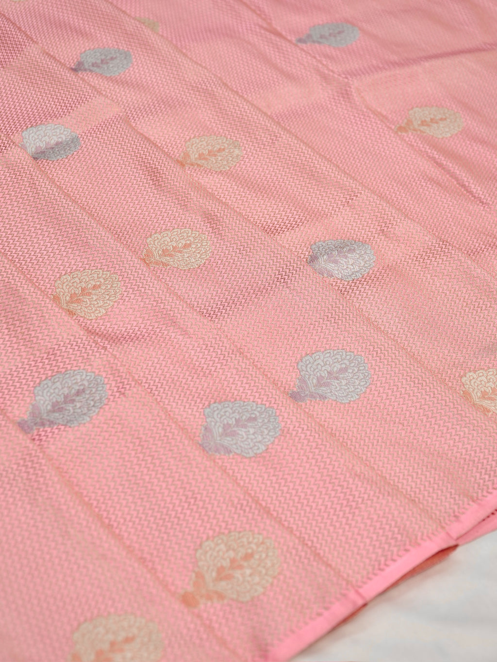 Blush Pink Banarasi Pure Katan Silk Brocade Fabric with Real Zari Handloom Kadwa Butas