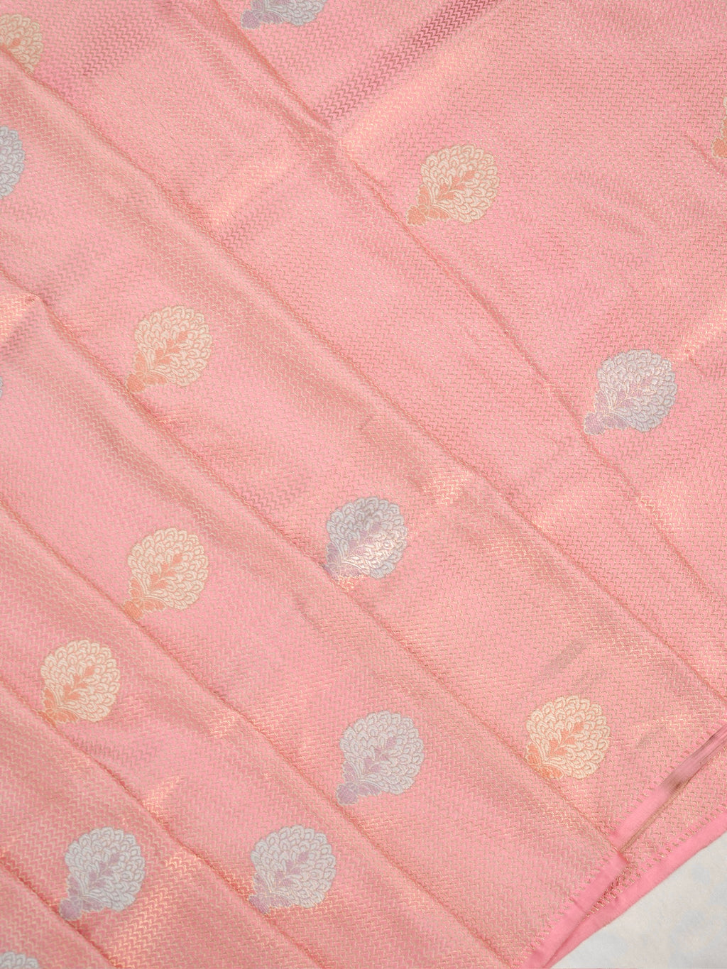 Blush Pink Banarasi Pure Katan Silk Brocade Fabric with Real Zari Handloom Kadwa Butas