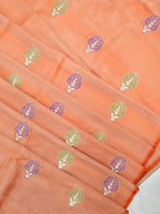 Radiant Peach Banarasi Pure Katan Silk Brocade Fabric with Real Zari Handloom Kadwa Butas