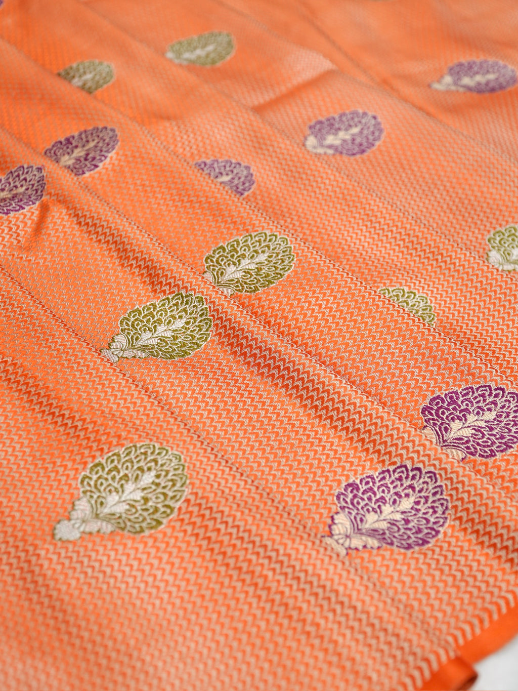 Radiant Peach Banarasi Pure Katan Silk Brocade Fabric with Real Zari Handloom Kadwa Butas