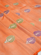 Radiant Peach Banarasi Pure Katan Silk Brocade Fabric with Real Zari Handloom Kadwa Butas