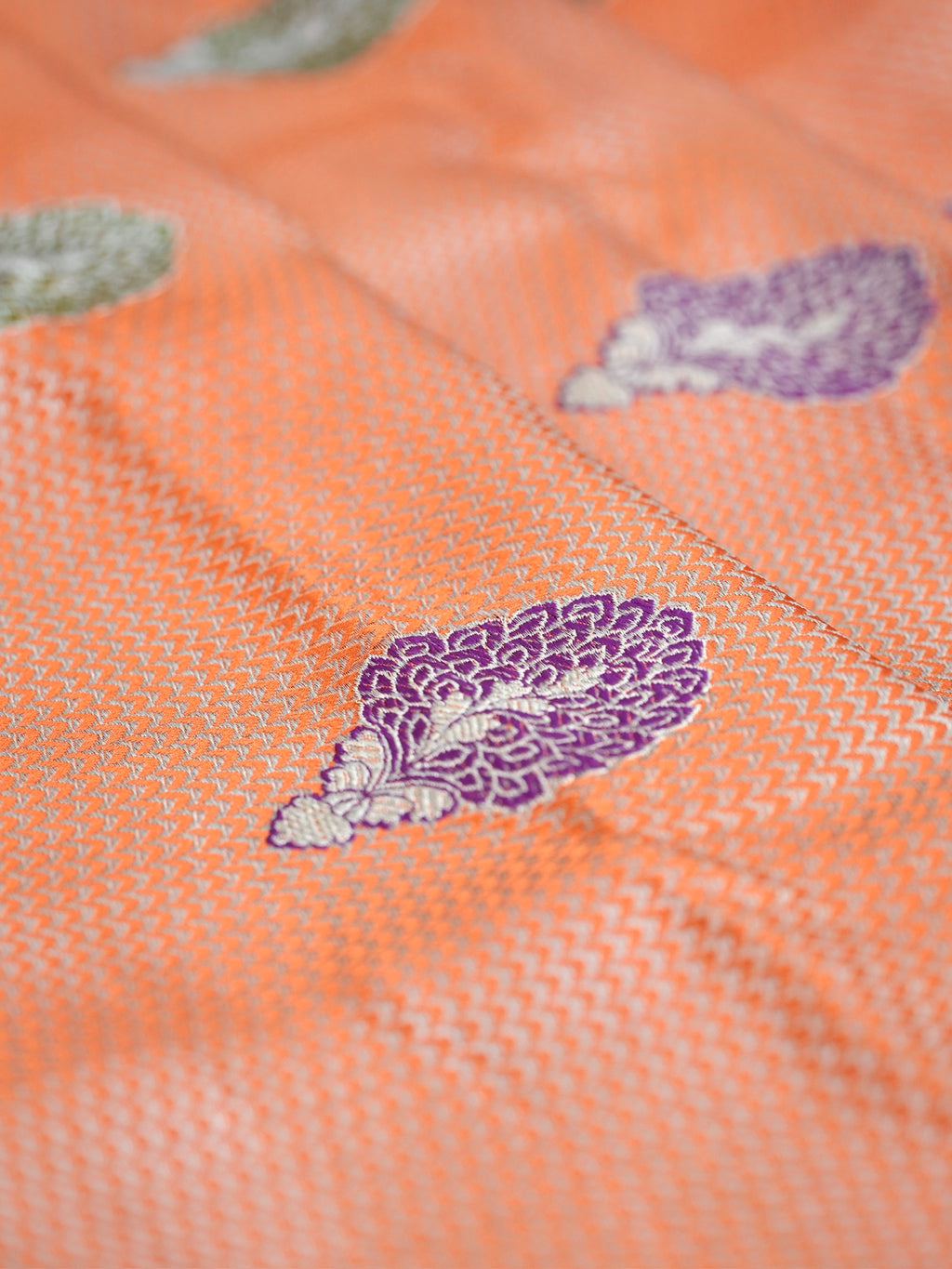 Radiant Peach Banarasi Pure Katan Silk Brocade Fabric with Real Zari Handloom Kadwa Butas