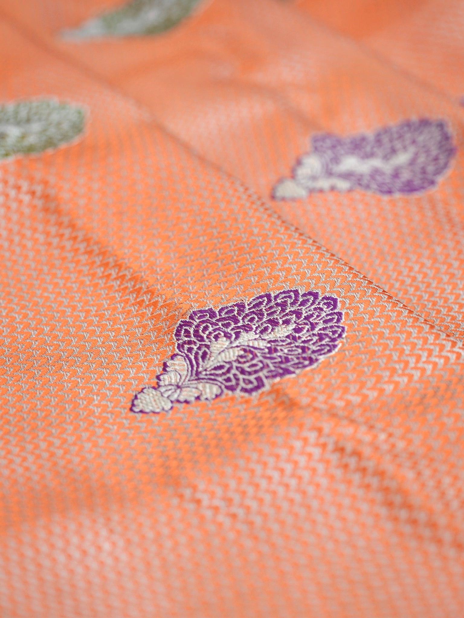 Radiant Peach Banarasi Pure Katan Silk Brocade Fabric with Real Zari Handloom Kadwa Butas