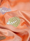 Radiant Peach Banarasi Pure Katan Silk Brocade Fabric with Real Zari Handloom Kadwa Butas