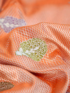 Radiant Peach Banarasi Pure Katan Silk Brocade Fabric with Real Zari Handloom Kadwa Butas
