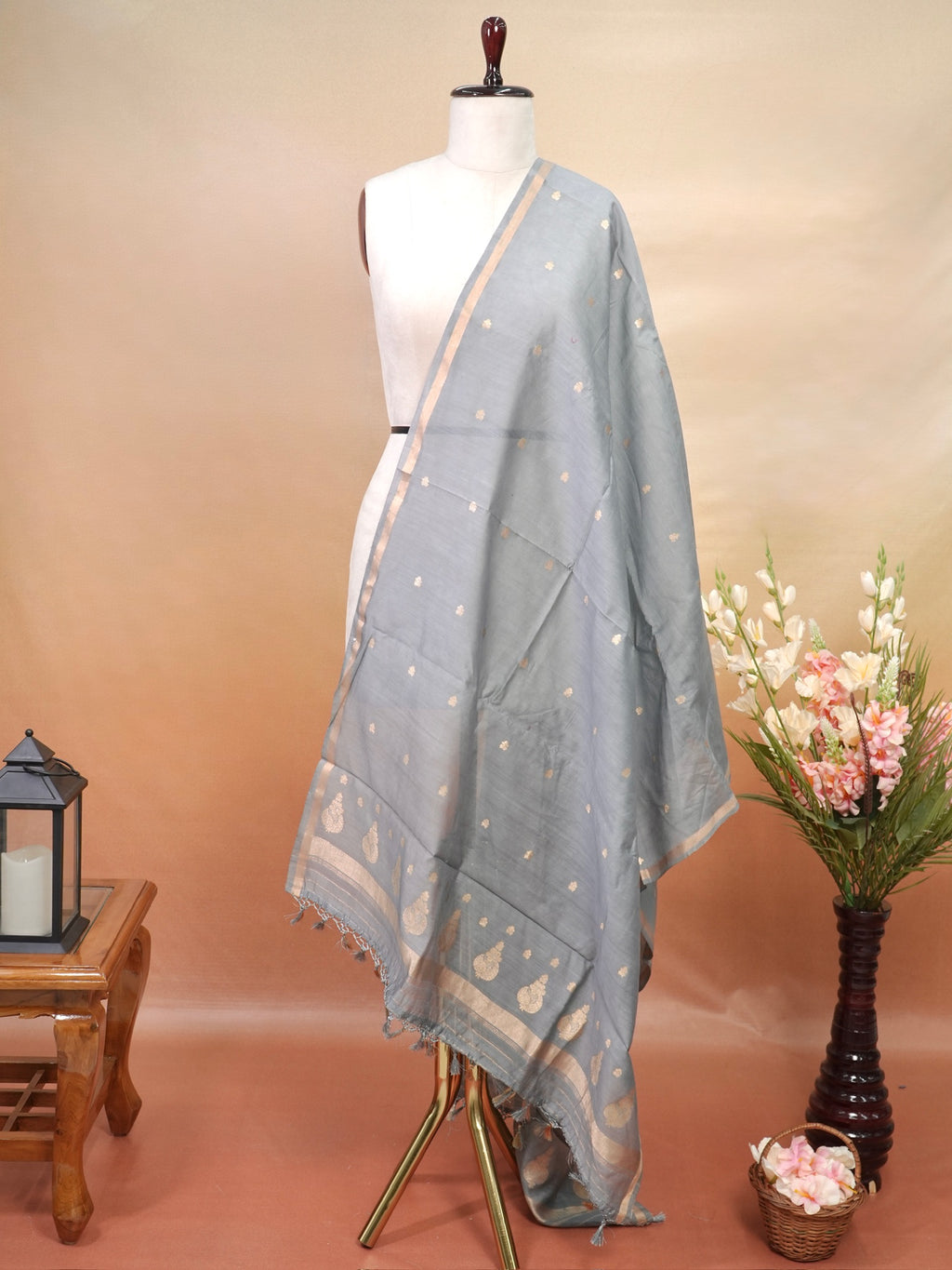 Handwoven Banarasi Pure Munga Silk Dupatta – Grey with Gold Zari