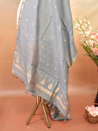 Handwoven Banarasi Pure Munga Silk Dupatta – Grey with Gold Zari