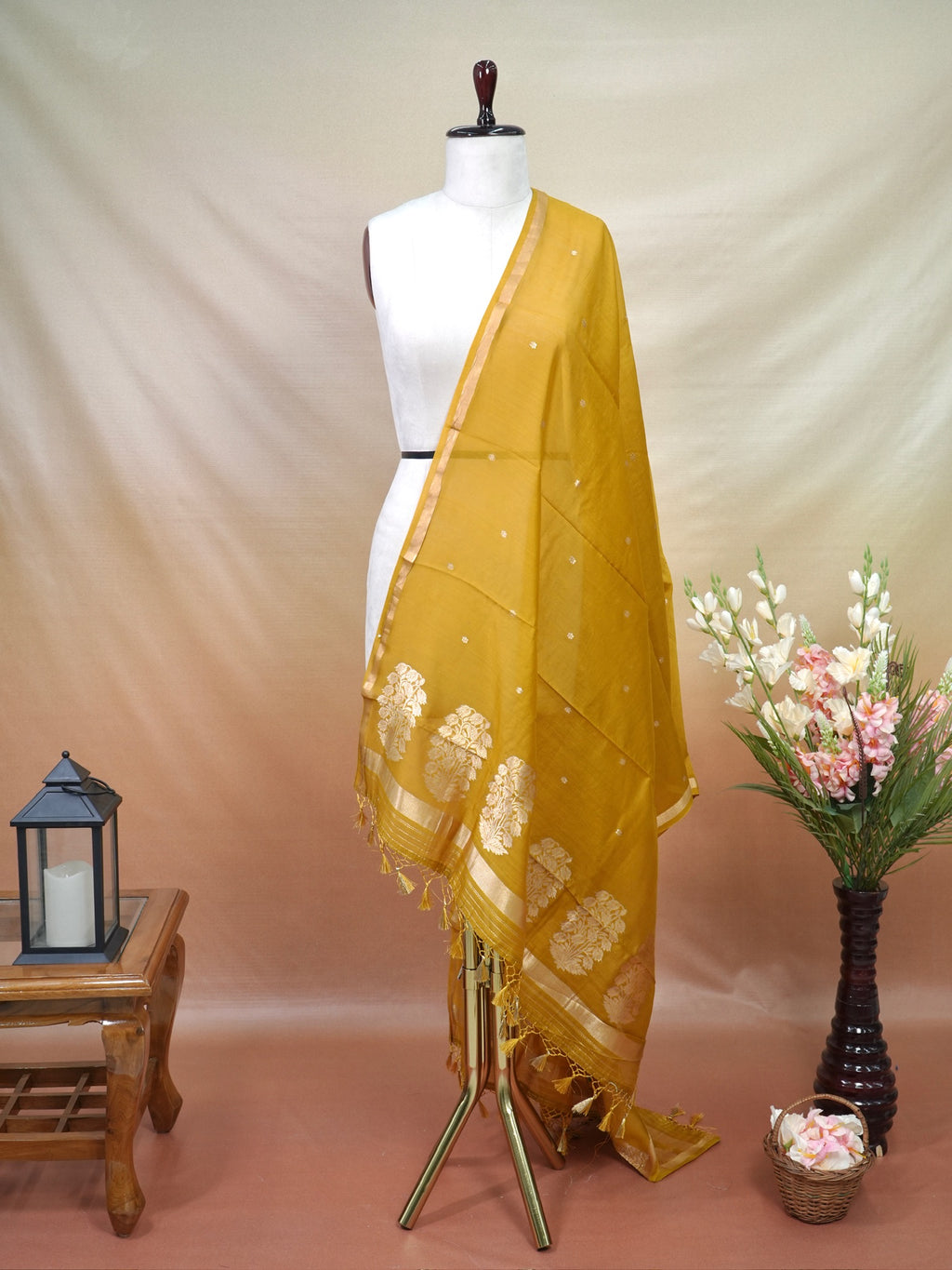 Handwoven Banarasi Pure Munga Silk Dupatta – Golden Yellow with Silver &amp; Gold Zari