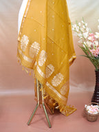 Handwoven Banarasi Pure Munga Silk Dupatta – Golden Yellow with Silver &amp; Gold Zari