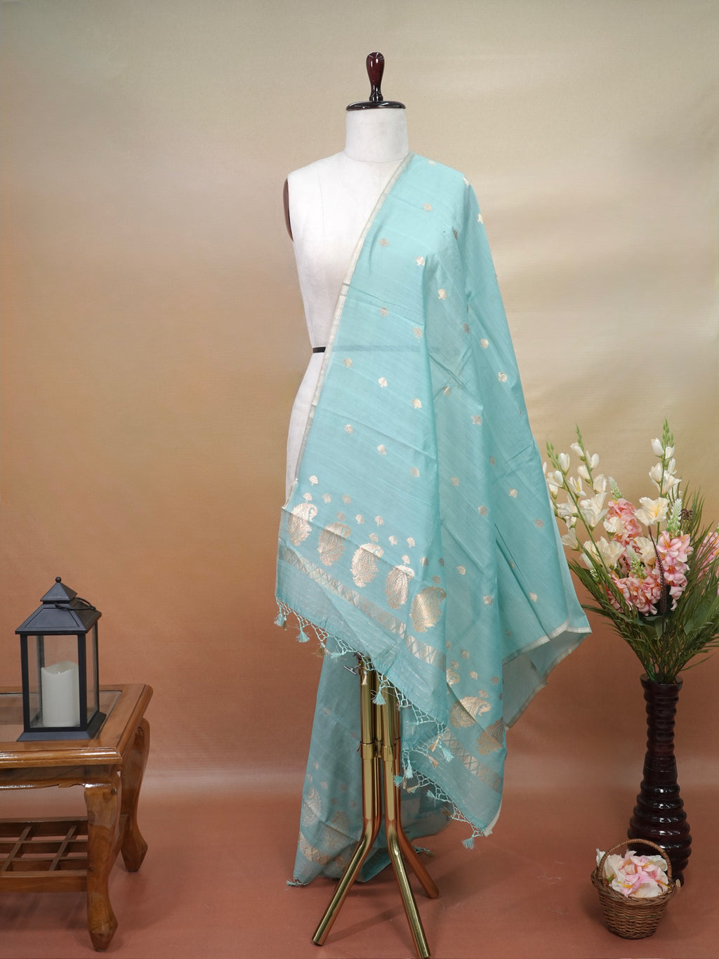 Handwoven Banarasi Pure Munga Silk Dupatta – Sea Green with Gold Zari