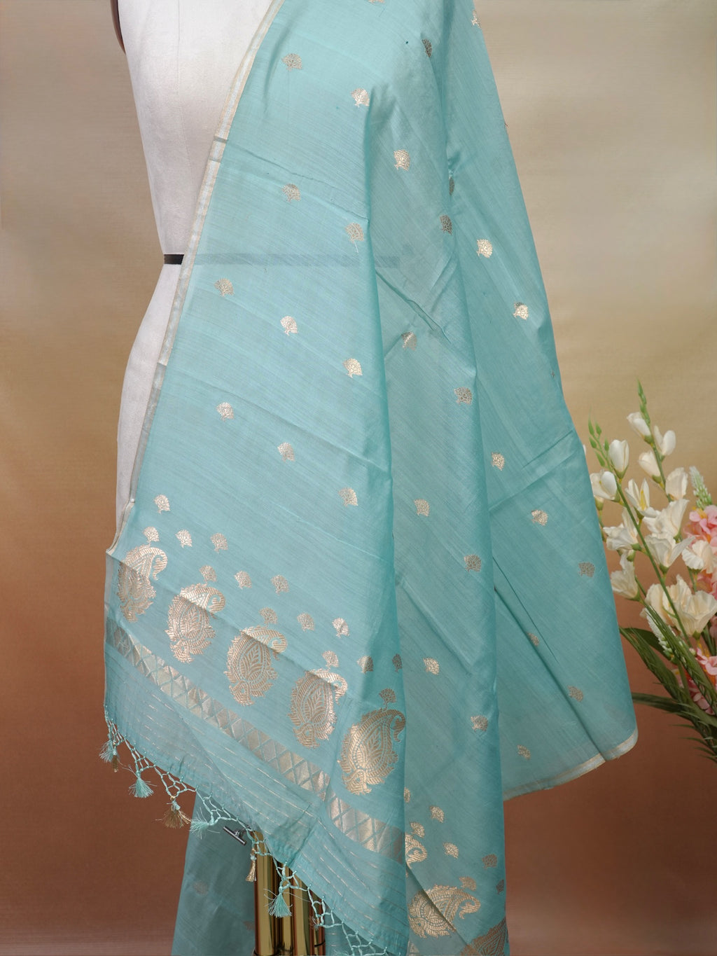 Handwoven Banarasi Pure Munga Silk Dupatta – Sea Green with Gold Zari