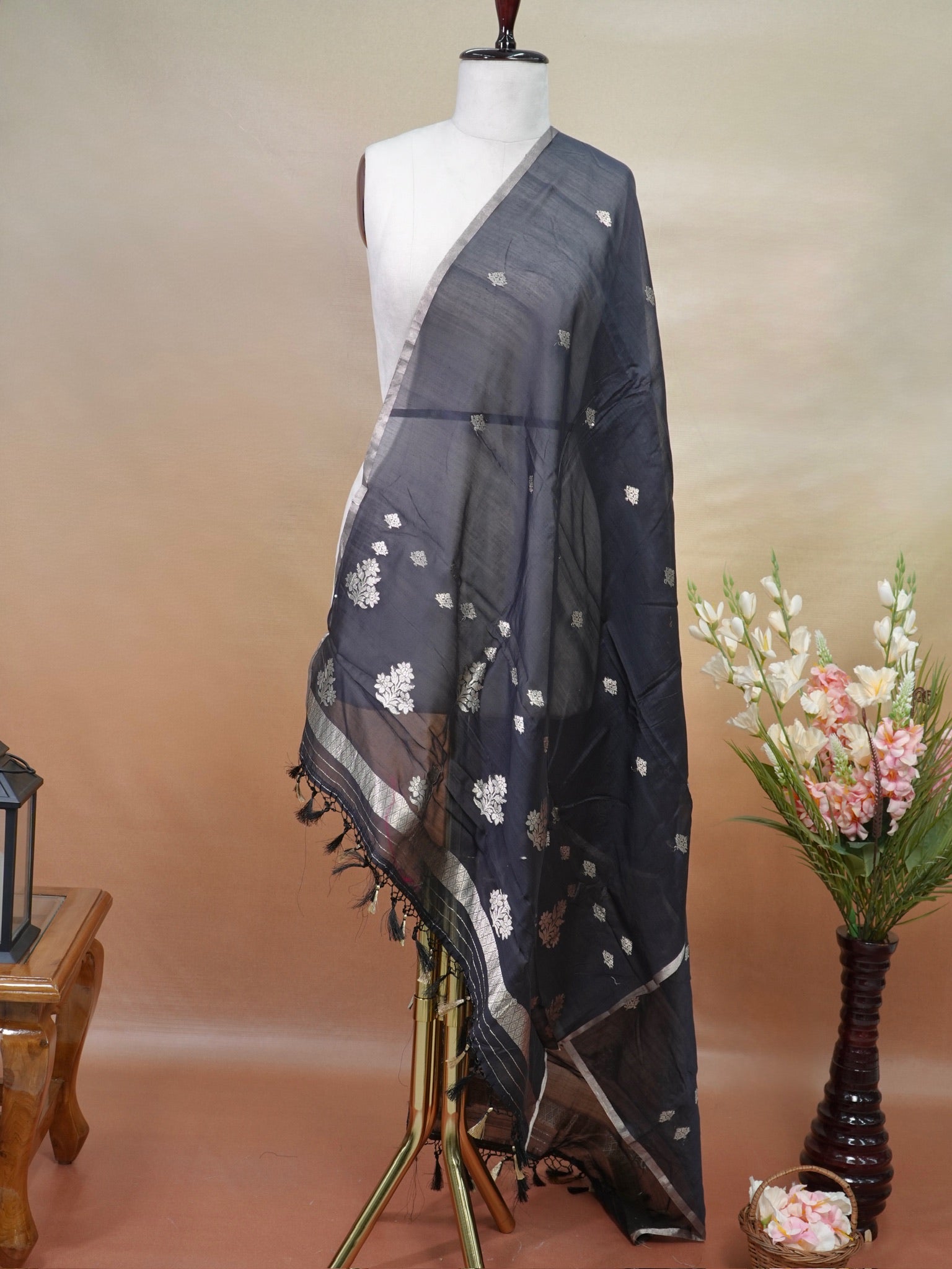 Handwoven Banarasi Pure Munga Silk Dupatta – Charcoal Black with Silver Zari