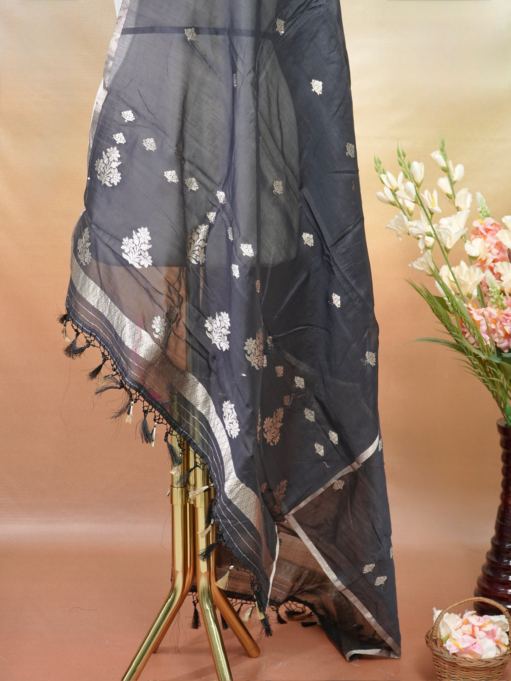 Handwoven Banarasi Pure Munga Silk Dupatta – Charcoal Black with Silver Zari