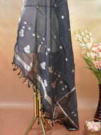 Handwoven Banarasi Pure Munga Silk Dupatta – Charcoal Black with Silver Zari