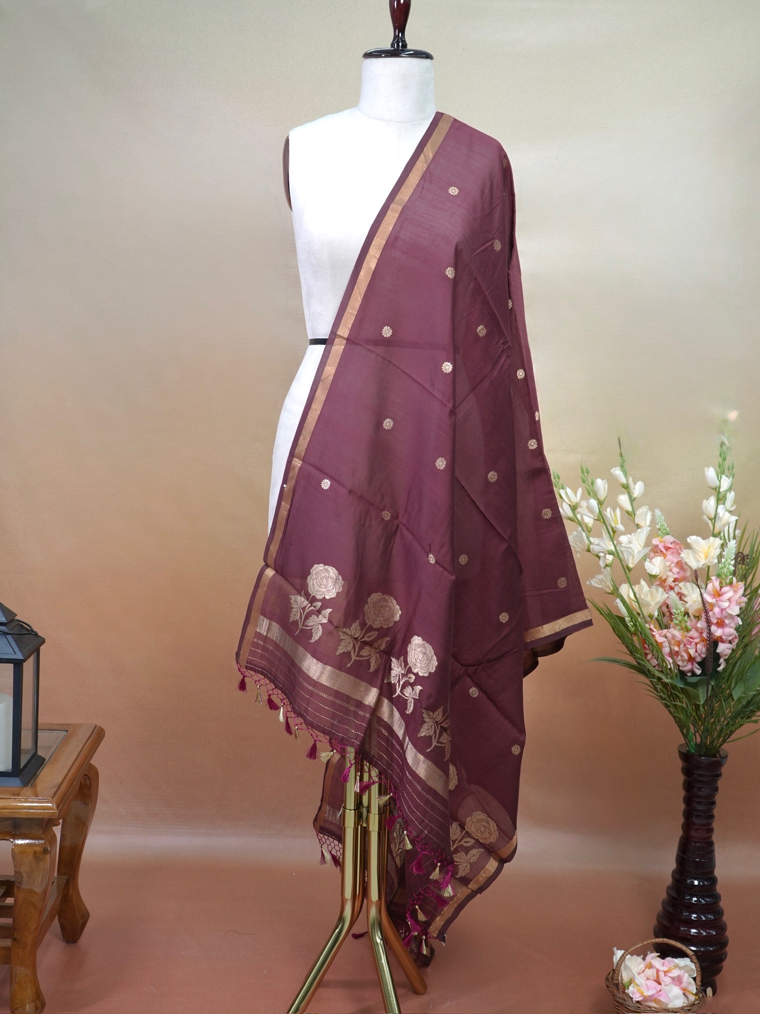 Handwoven Banarasi Pure Munga Silk Dupatta – Deep Wine with Antique Gold Zari