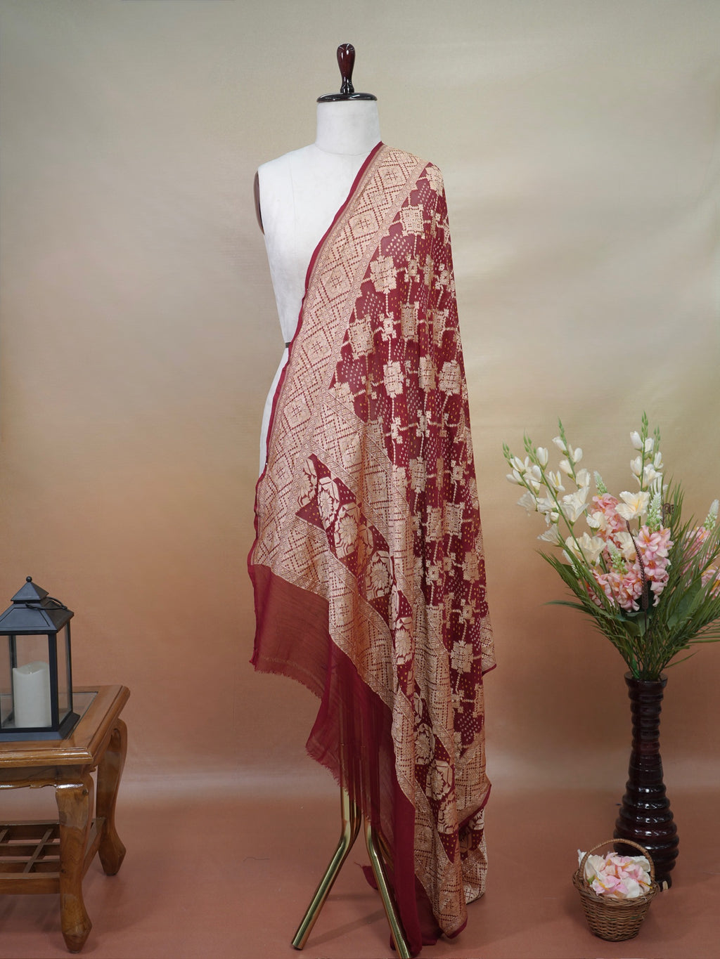Banarasi Pure Georgette Bandhej Dupatta – Maroon