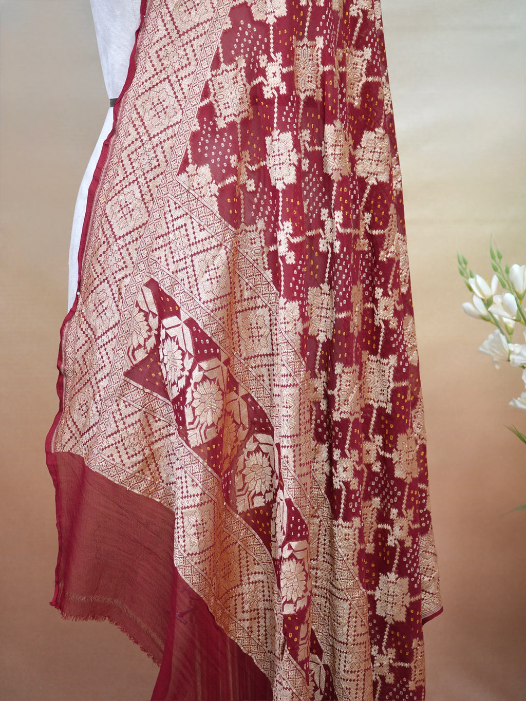 Banarasi Pure Georgette Bandhej Dupatta – Maroon