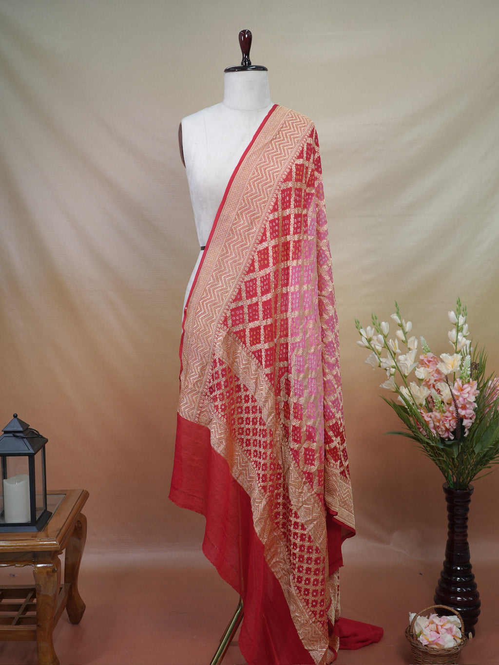 Banarasi Pure Georgette Bandhej Dupatta – Red & Pink