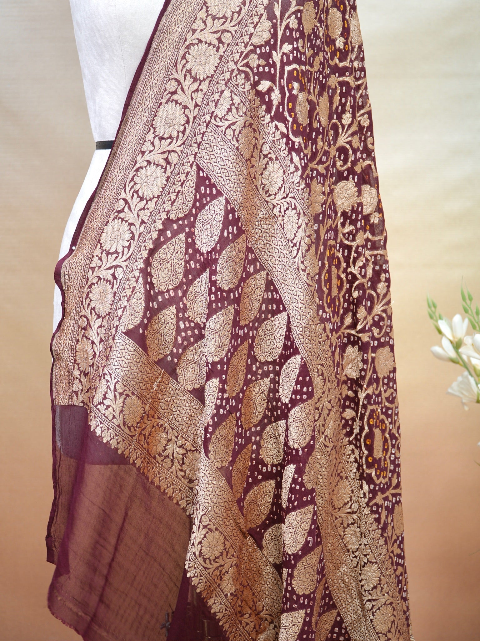 Banarasi Pure Georgette Bandhej Dupatta – Wine