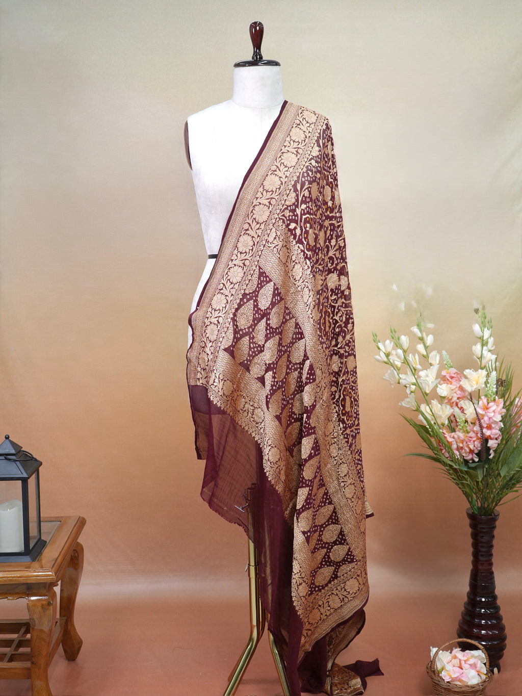 Banarasi Pure Georgette Bandhej Dupatta – Wine