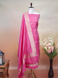 Banarasi Pure Katan Silk Kadhwa Unstitched Suit 3-Piece Set – Rani Pink with Gold Zari