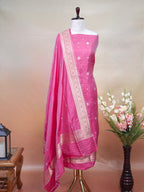 Banarasi Pure Katan Silk Kadhwa Unstitched Suit 3-Piece Set – Rani Pink with Gold Zari