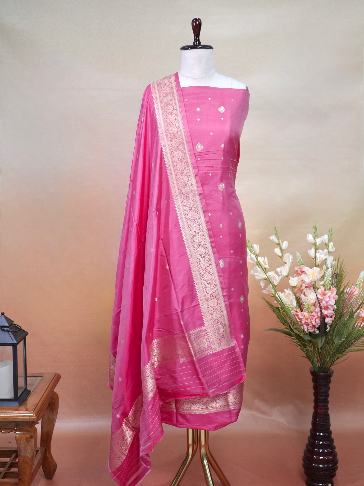 Banarasi Pure Katan Silk Kadhwa Unstitched Suit 3-Piece Set – Rani Pink with Gold Zari