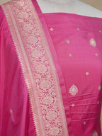 Banarasi Pure Katan Silk Kadhwa Unstitched Suit 3-Piece Set – Rani Pink with Gold Zari