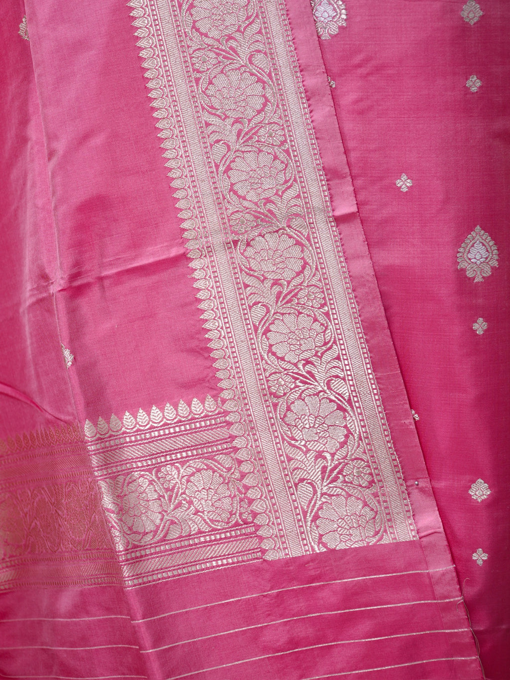 Banarasi Pure Katan Silk Kadhwa Unstitched Suit 3-Piece Set – Rani Pink with Gold Zari