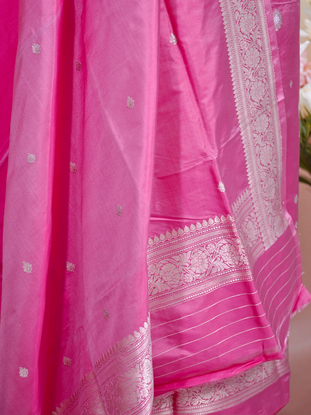 Banarasi Pure Katan Silk Kadhwa Unstitched Suit 3-Piece Set – Rani Pink with Gold Zari
