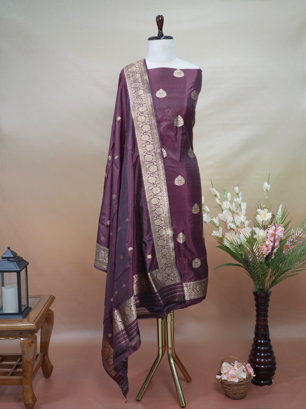 Handwoven Banarasi Pure Katan Silk Kadhwa Unstitched Suit 3-Piece Set – Deep Wine with Antique Gold Zari