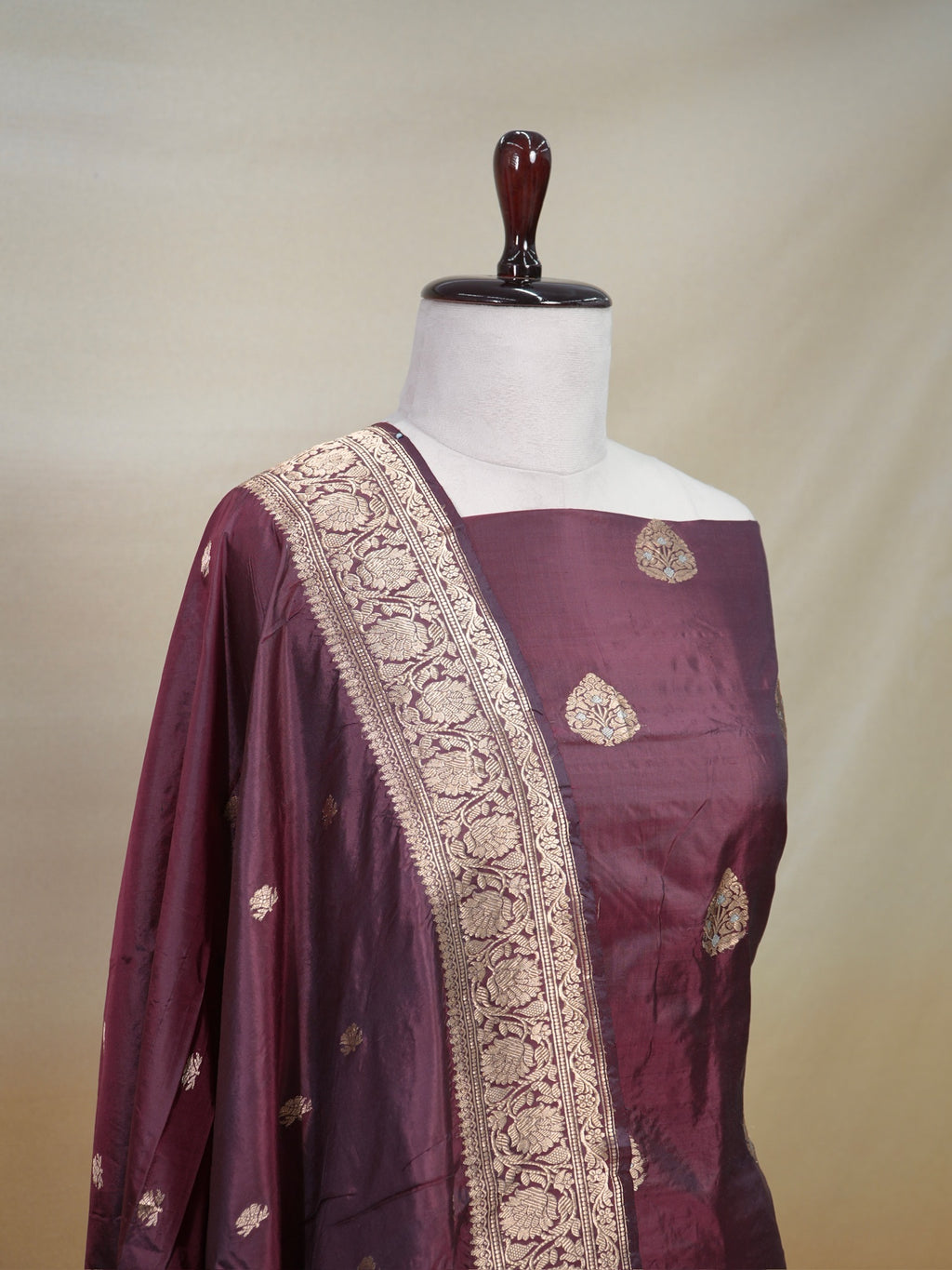 Handwoven Banarasi Pure Katan Silk Kadhwa Unstitched Suit 3-Piece Set – Deep Wine with Antique Gold Zari