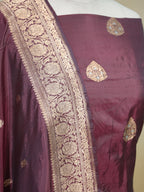 Handwoven Banarasi Pure Katan Silk Kadhwa Unstitched Suit 3-Piece Set – Deep Wine with Antique Gold Zari