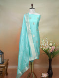 Banarasi Pure Katan Silk Kadhwa Unstitched Suit 3-Piece Set – Turquoise Blue with Silver Zari