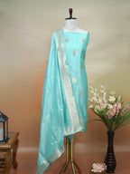 Banarasi Pure Katan Silk Kadhwa Unstitched Suit 3-Piece Set – Turquoise Blue with Silver Zari