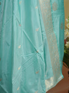 Banarasi Pure Katan Silk Kadhwa Unstitched Suit 3-Piece Set – Turquoise Blue with Silver Zari