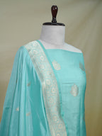Banarasi Pure Katan Silk Kadhwa Unstitched Suit 3-Piece Set – Turquoise Blue with Silver Zari