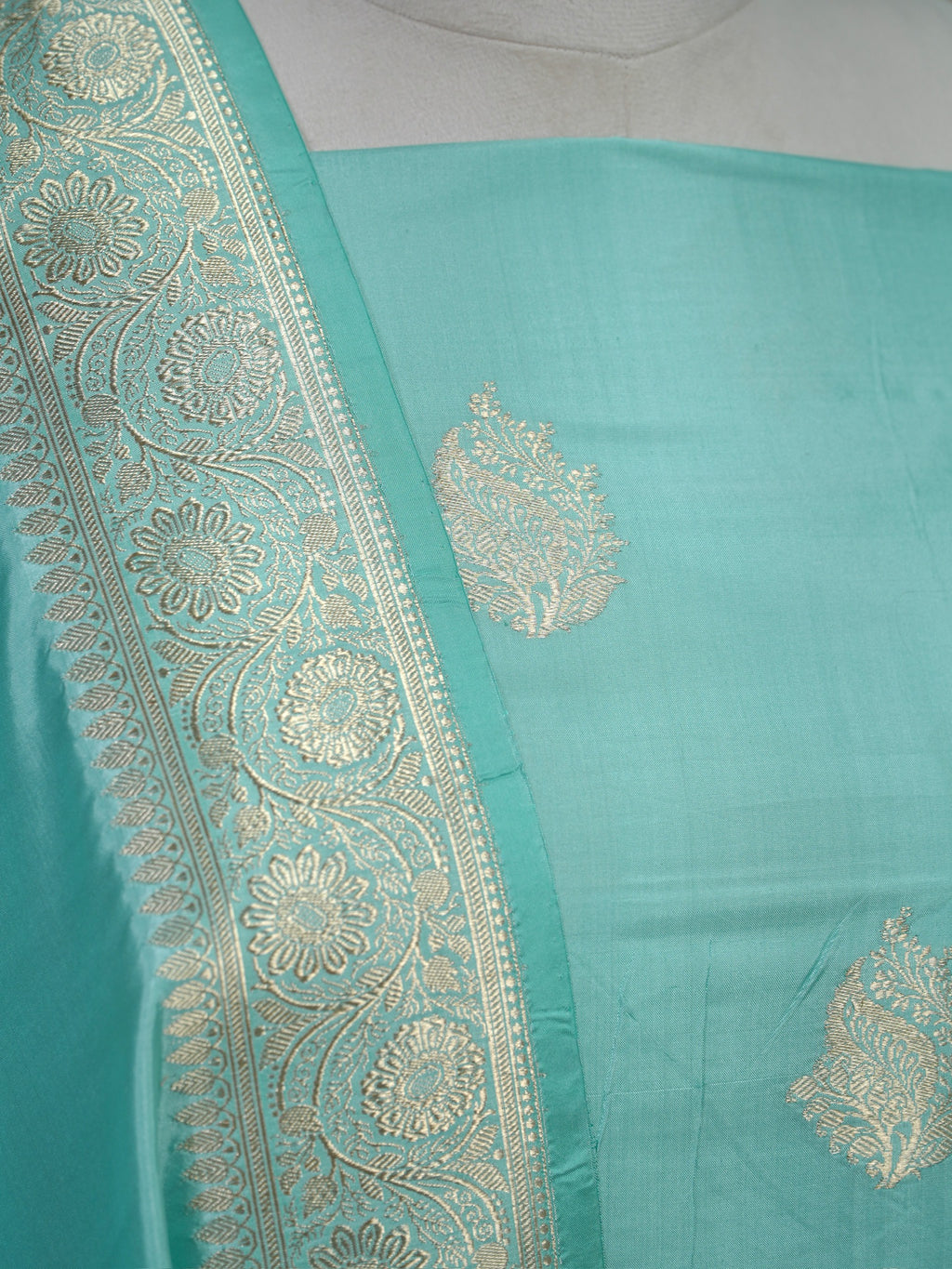 Banarasi Pure Katan Silk Kadhwa Unstitched Suit 3-Piece Set – Turquoise Blue with Silver Zari