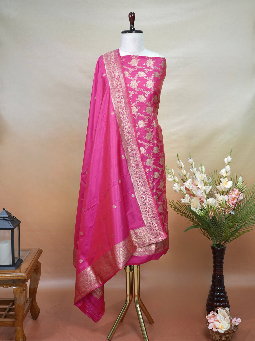 Handwoven Banarasi Pure Katan Silk Kadhwa Unstitched Suit 3-Piece Set – Bright Rani Pink with Gold Floral Jaal & Zari Work