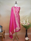 Handwoven Banarasi Pure Katan Silk Kadhwa Unstitched Suit 3-Piece Set – Bright Rani Pink with Gold Floral Jaal & Zari Work