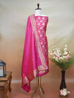 Handwoven Banarasi Pure Katan Silk Kadhwa Unstitched Suit 3-Piece Set – Bright Rani Pink with Gold Floral Jaal & Zari Work
