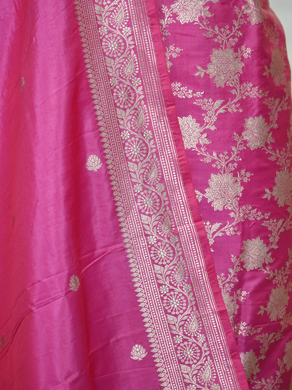 Handwoven Banarasi Pure Katan Silk Kadhwa Unstitched Suit 3-Piece Set – Bright Rani Pink with Gold Floral Jaal & Zari Work