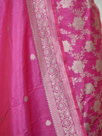 Handwoven Banarasi Pure Katan Silk Kadhwa Unstitched Suit 3-Piece Set – Bright Rani Pink with Gold Floral Jaal & Zari Work