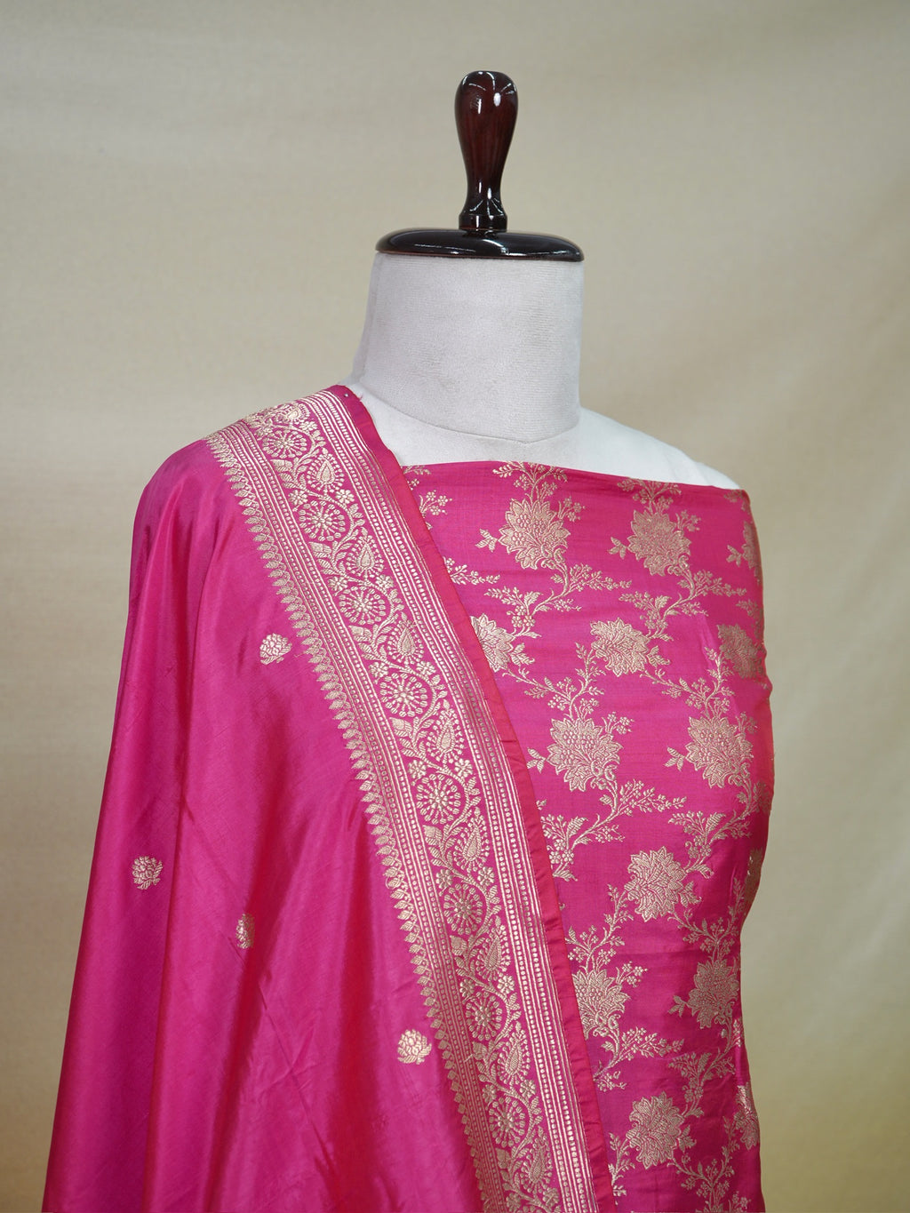 Handwoven Banarasi Pure Katan Silk Kadhwa Unstitched Suit 3-Piece Set – Bright Rani Pink with Gold Floral Jaal & Zari Work
