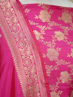 Handwoven Banarasi Pure Katan Silk Kadhwa Unstitched Suit 3-Piece Set – Bright Rani Pink with Gold Floral Jaal & Zari Work