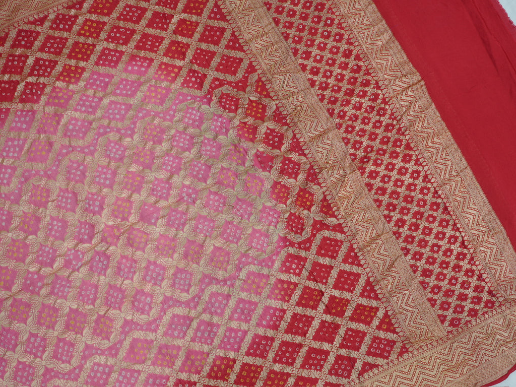 Banarasi Pure Georgette Bandhej Dupatta – Red & Pink